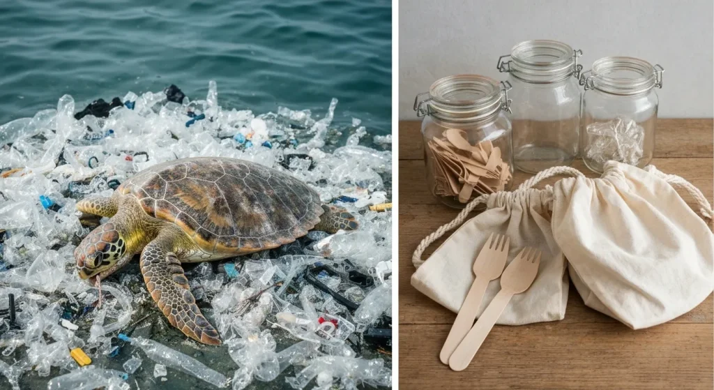 O țestoasă marină moartă, cu plastic în stomac, lângă alternative ecologice precum borcane de sticlă și tacâmuri din lemn.