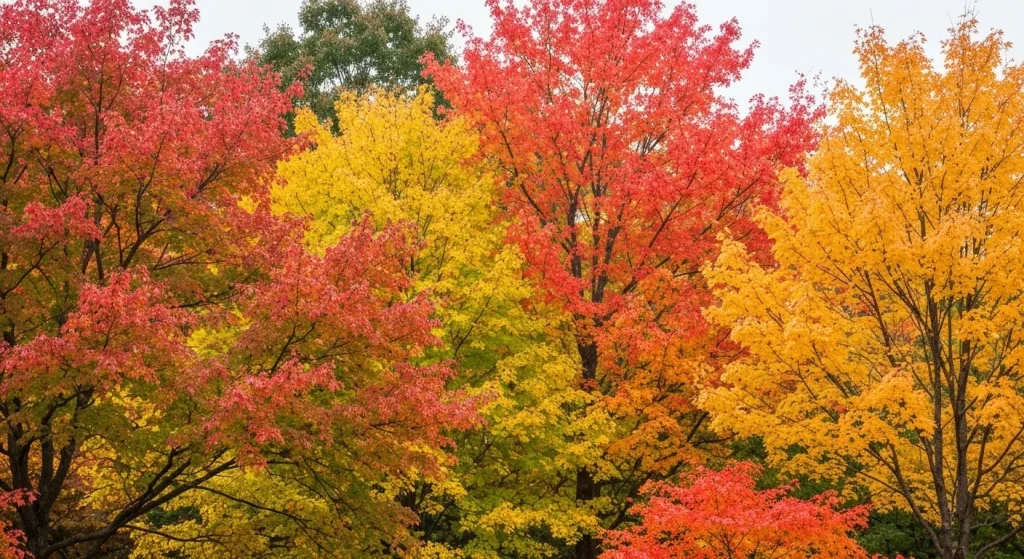 Frunze de toamnă colorate în roșu, galben și portocaliu pe ramurile unor arbori foioși.