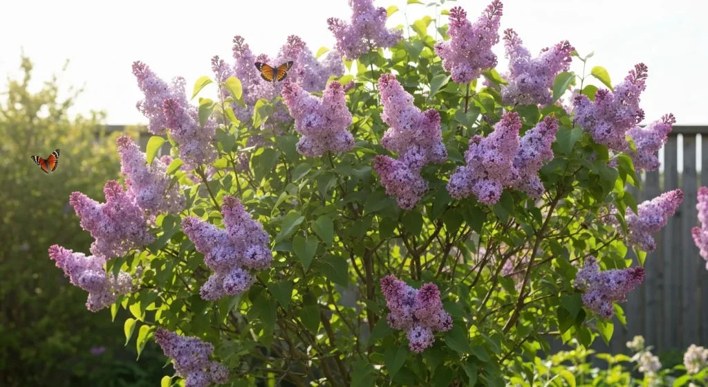 Un arbust de liliac înflorit, cu flori violete abundente, atrage albine și fluturi.