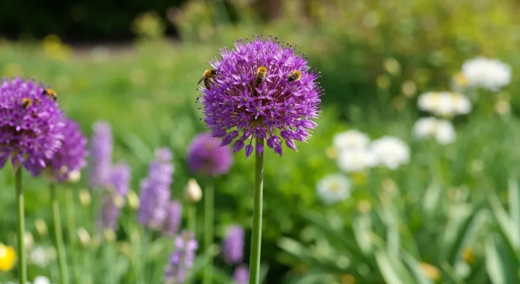 O floare mare, violetă de allium, înconjurată de alte flori de primăvară, atrage polenizatori.