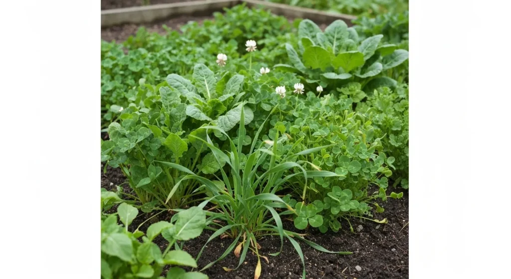 O imagine cu diverse plante verzi de acoperire, cum ar fi secara de iarnă, trifoiul și mazărea, crescând într-o grădină.