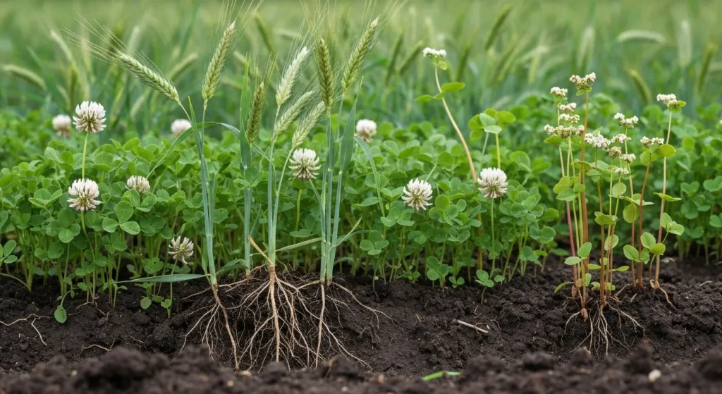 Un câmp cu diferite plante de acoperire, inclusiv secară, trifoi și hrișcă, crescând în sol sănătos.