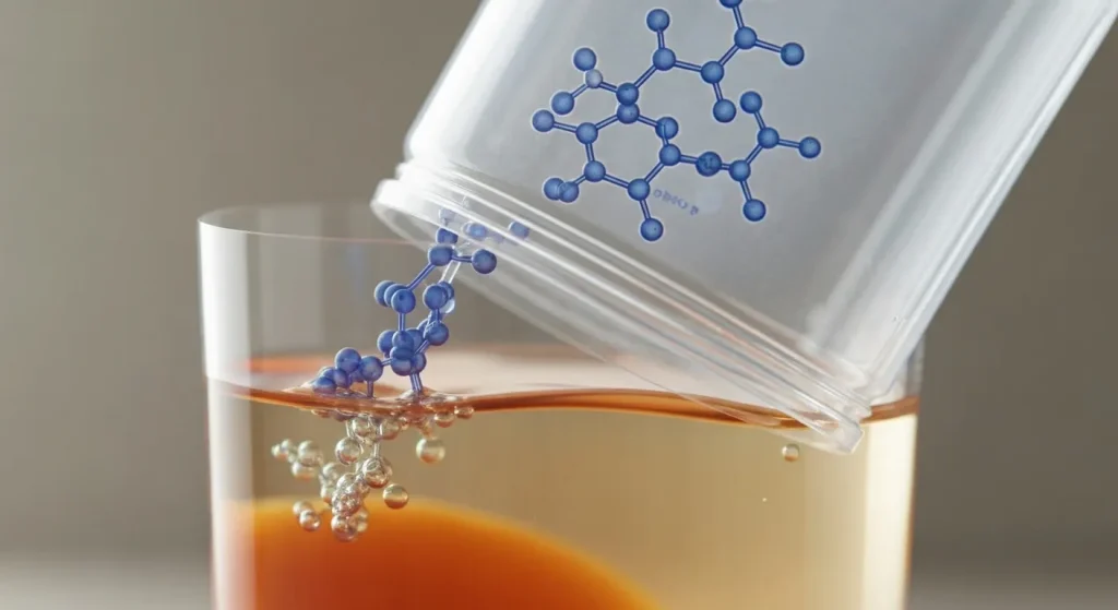 Imagine microscopică cu molecule de BPA care se scurg dintr-un recipient de plastic în apă.