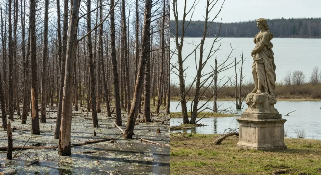 Un peisaj de pădure afectată de ploaia acidă, cu copaci uscați și un lac cu apă tulbure.