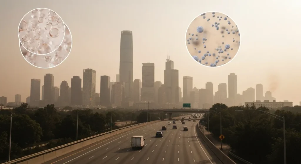 Smog urban dens, cu clădiri înalte estompate în ceață maronie.