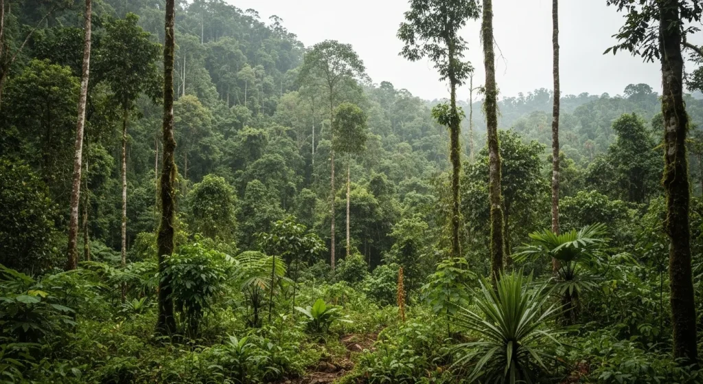 O pădure luxuriantă și sănătoasă, cu o varietate de plante și animale.