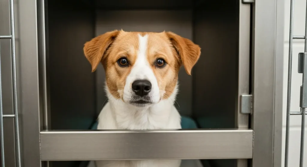 Un animal de companie drăguț într-un adăpost, așteptând să fie adoptat.