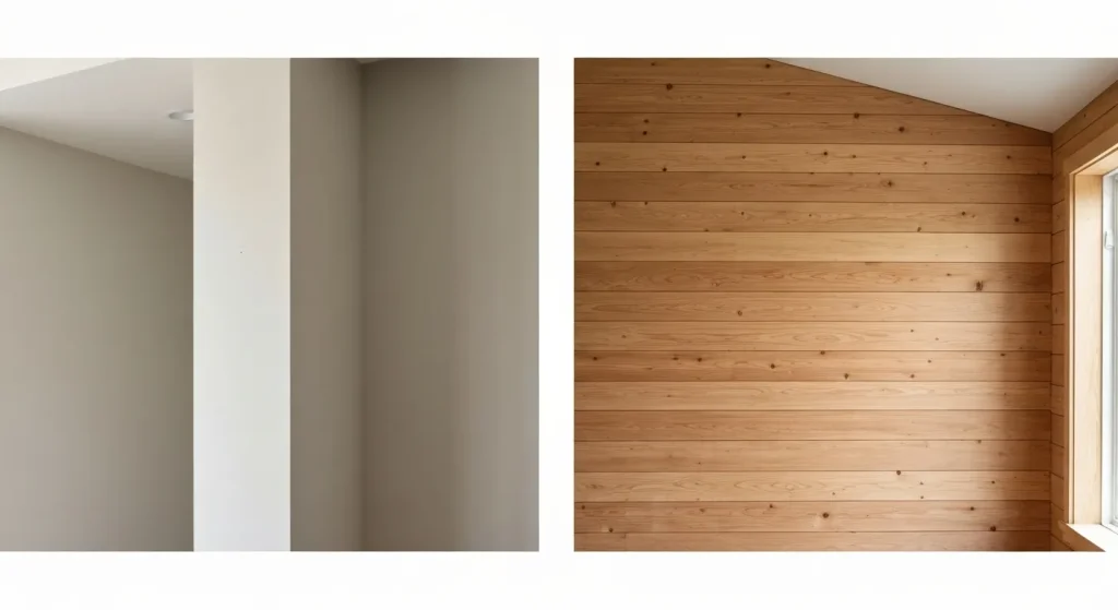 O comparație între un perete din rigips și unul din lemn, evidențiind diferența de textură și aspect.