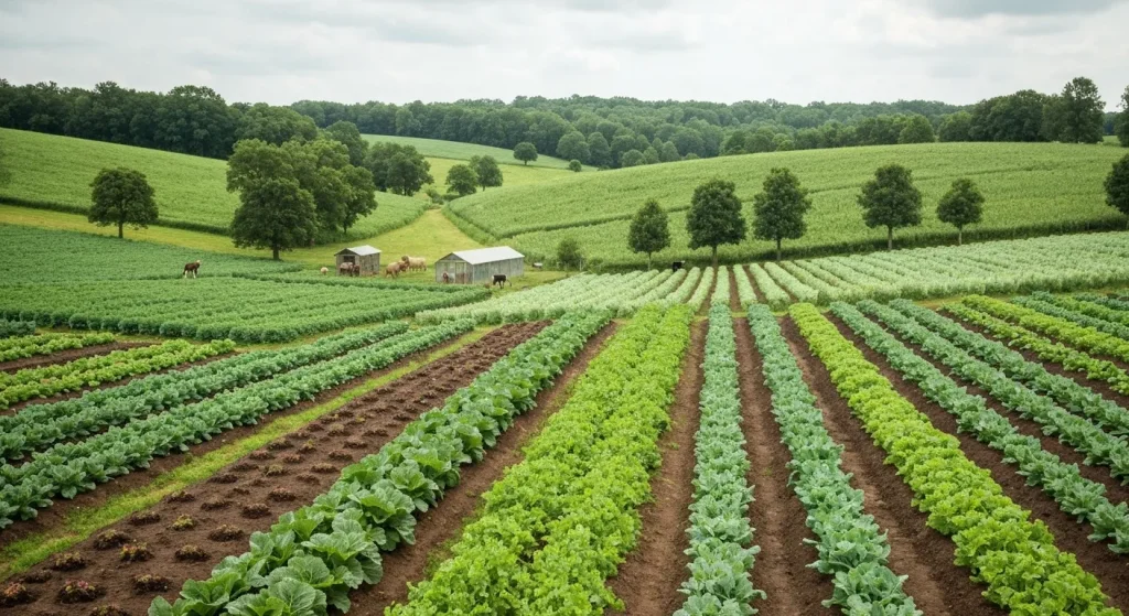 Peisaj agricol prosper, cu culturi diverse și animale într-un sanctuar.