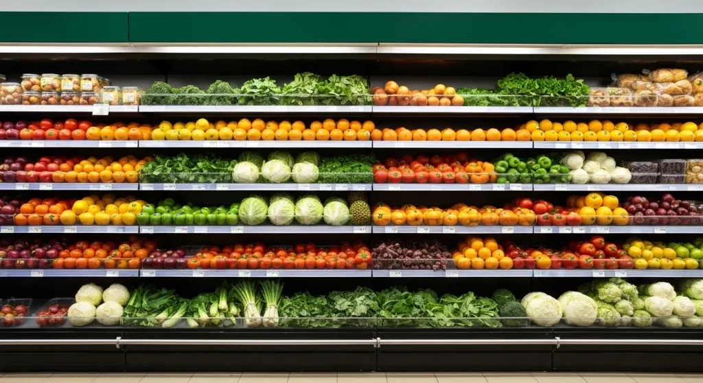 Rafturi de supermarket goale, cu etichete vizibile pentru fructe și legume care lipsesc din cauza declinului populației de albine.