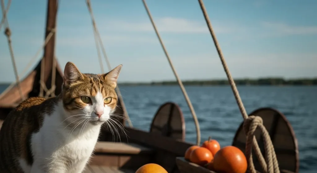 O pisică domestică pe o navă vikingă, înconjurată de provizii și marinari.