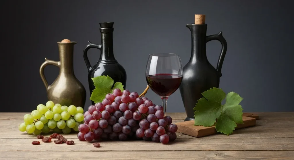 O imagine cu struguri și un pahar de vin, pe un fundal care sugerează istoria producției de vin.