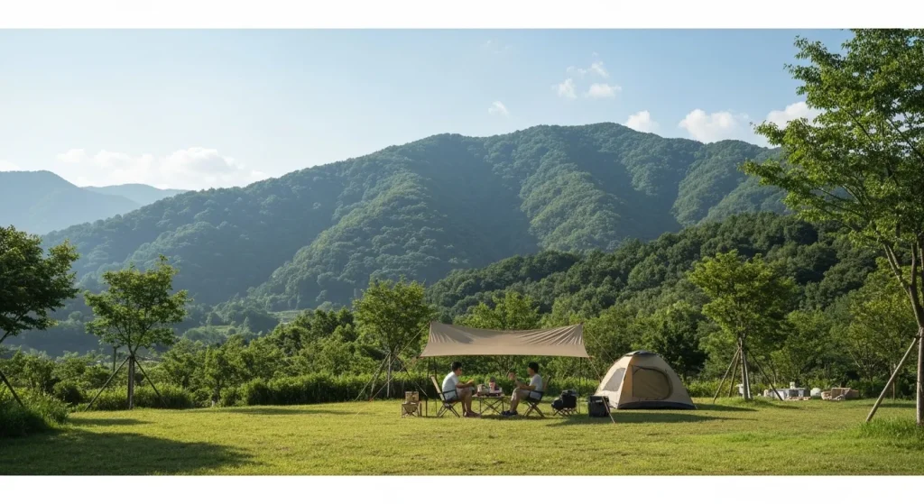 Un tabără de camping înconjurată de natură, cu corturi și echipament de camping.
