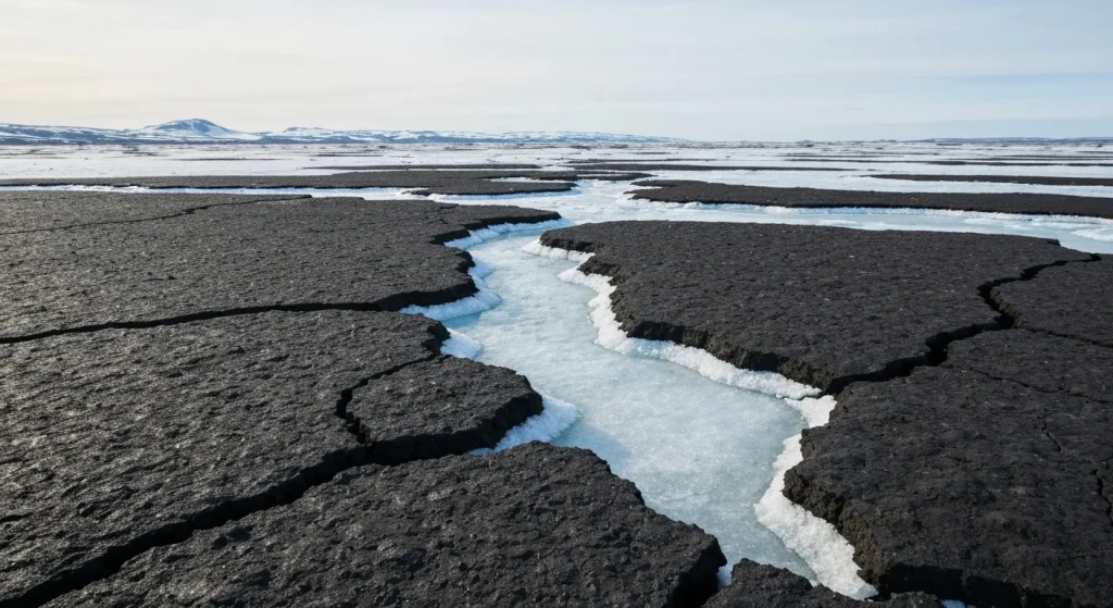 Peisaj arctic cu permafrost dezghețat, eliberând gaze cu efect de seră.