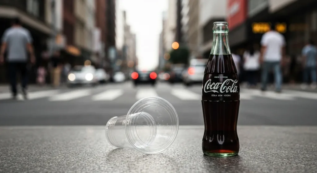O cană de plastic de unică folosință aruncată pe o stradă aglomerată lângă o sticlă veche de Coca-Cola.
