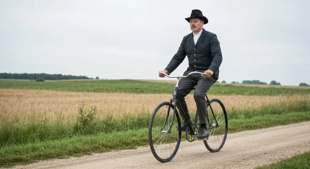 Un bărbat călare pe o Laufmaschine, un precursor al bicicletei, pe un drum de țară.