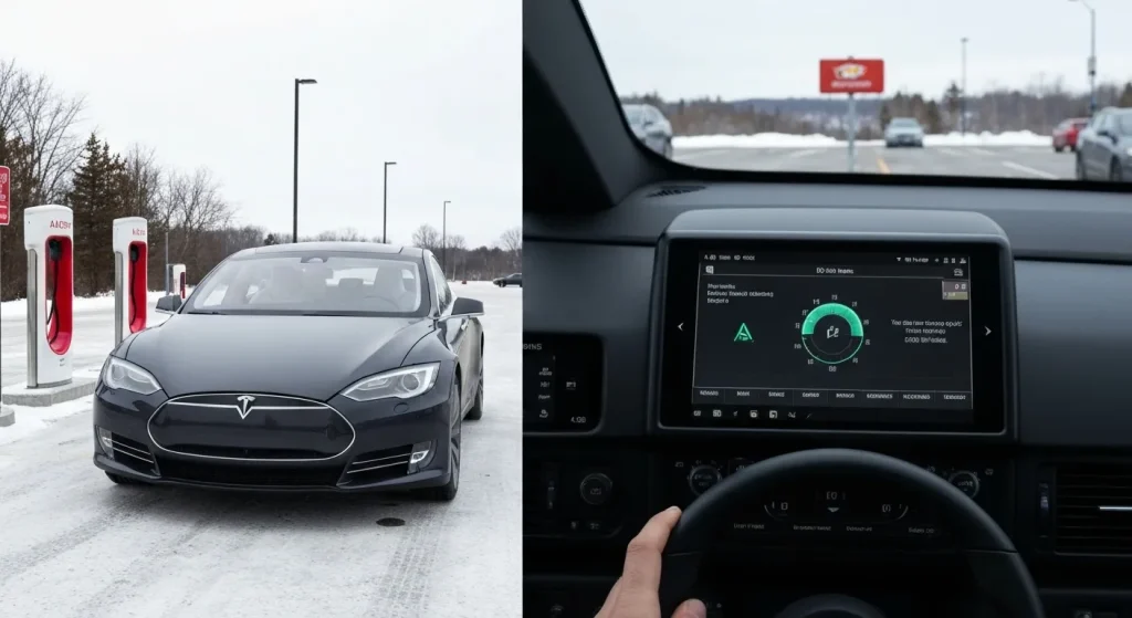 O Tesla Model S este conectată la o stație de încărcare Supercharger într-un peisaj mixt de oraș și natură.