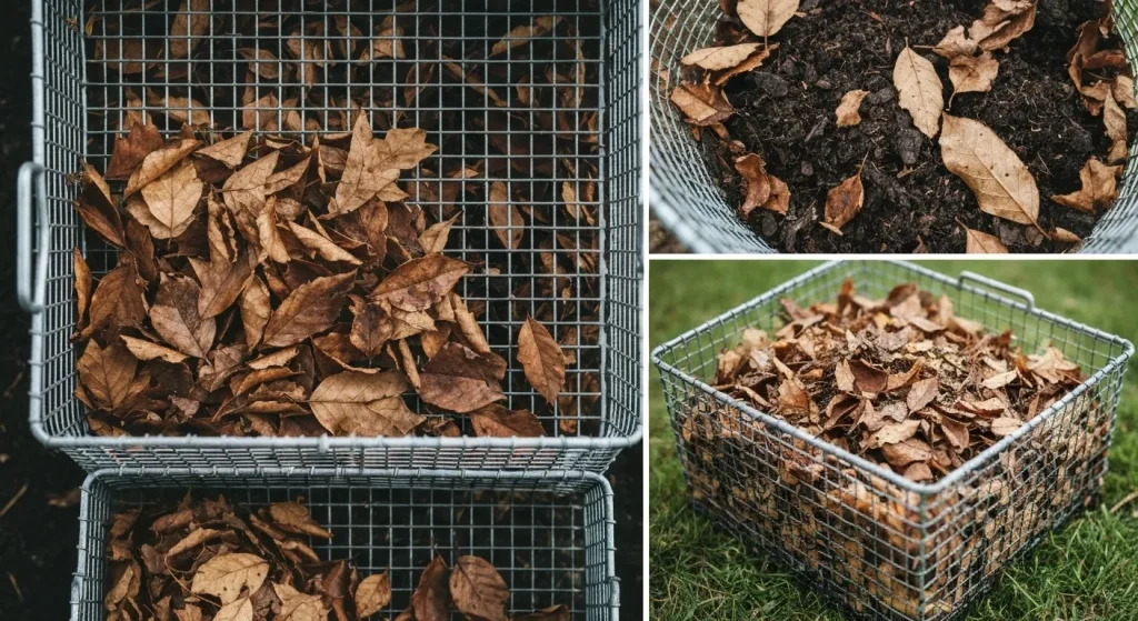 Un coș de plasă cu frunze în descompunere, folosit pentru a produce compost.