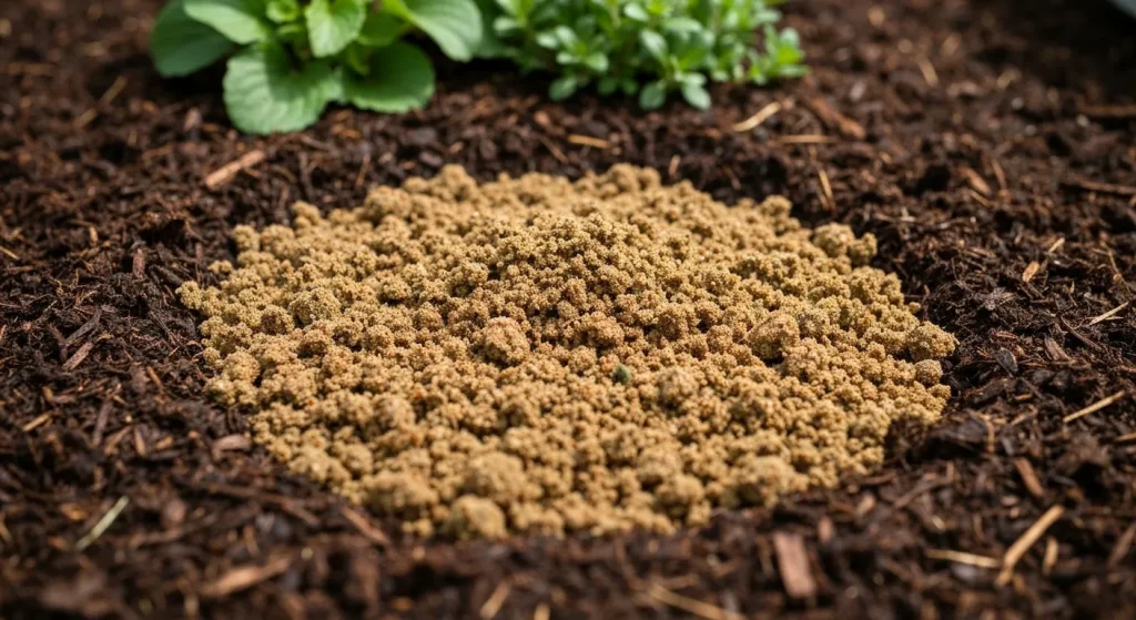 Un strat de mucegai de frunze sfărâmicios aplicat ca mulci în jurul unor plante într-o grădină.