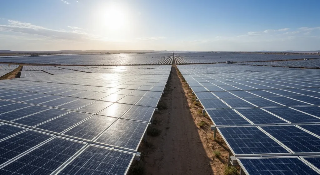 O vastă fermă solară, cu mii de panouri solare dispuse pe un teren extins.