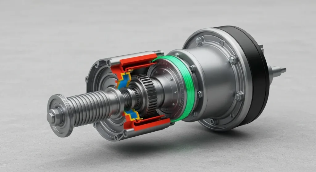 Un motor/generator din interiorul unui vehicul electric, conectat la sistemul de propulsie.
