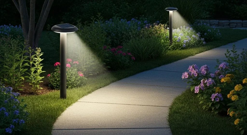 O lampă solară modernă iluminează o alee de grădină noaptea.