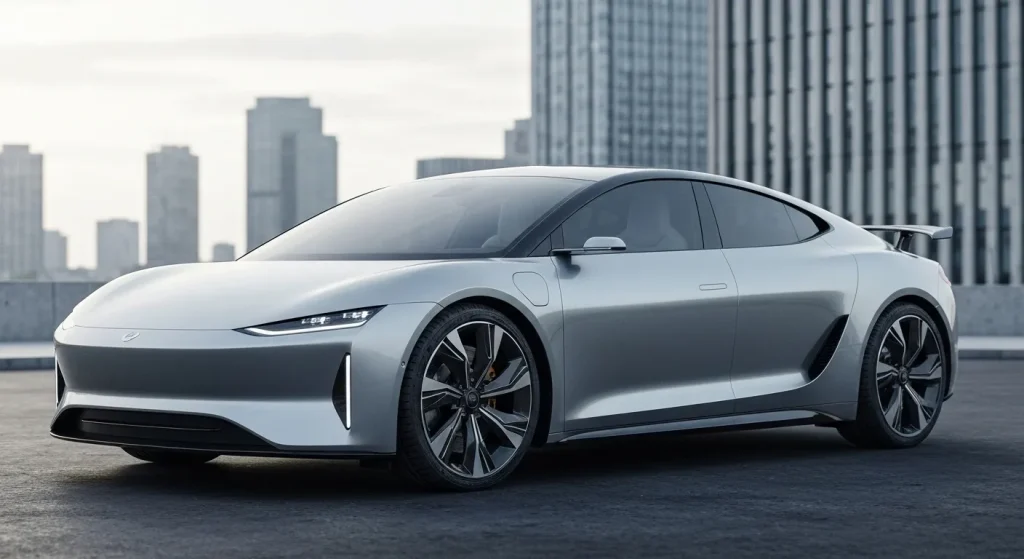 O mașină electrică modernă, cu linii curbe și un design futurist, este prezentată cu bateria parțial vizibilă.