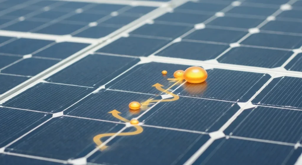 Panouri solare fotovoltaice cu celule siliciu, arătând fluxul de electroni și conversia energiei solare în electricitate.