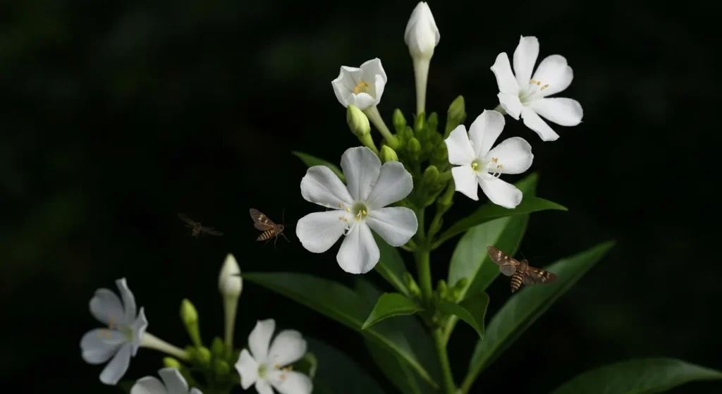 Flori deschise noaptea, albe și pal, cu insecte nocturne în jur.