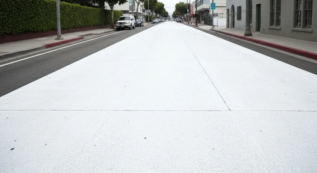 O stradă din Los Angeles cu asfalt alb, contrastând cu clădirile din jur.