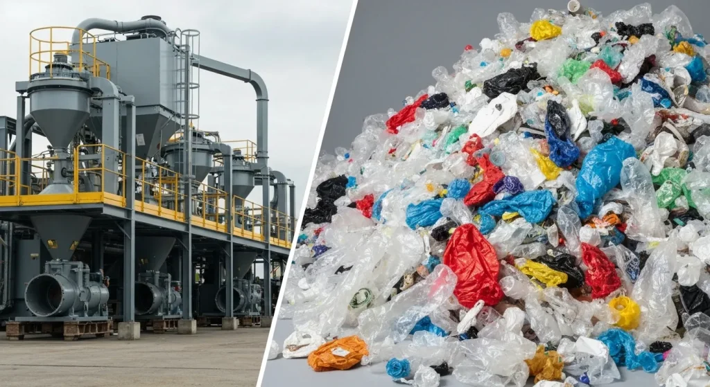 Echipamente industriale complexe pentru prelucrarea deșeurilor de plastic, alături de o grămadă mare de deșeuri din plastic.