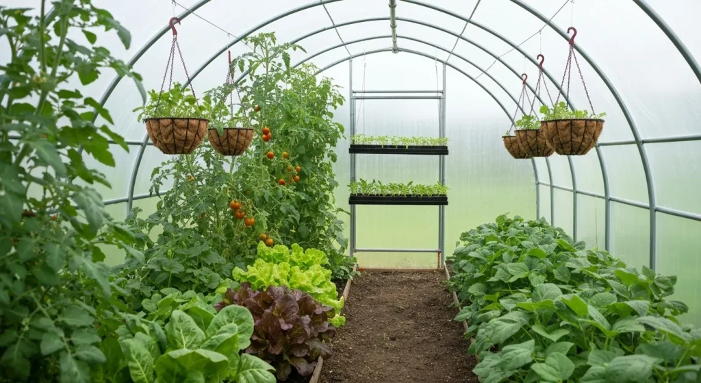 O seră din plastic cu plante cultivate pe mai multe niveluri, inclusiv rafturi suspendate și plante agățătoare.