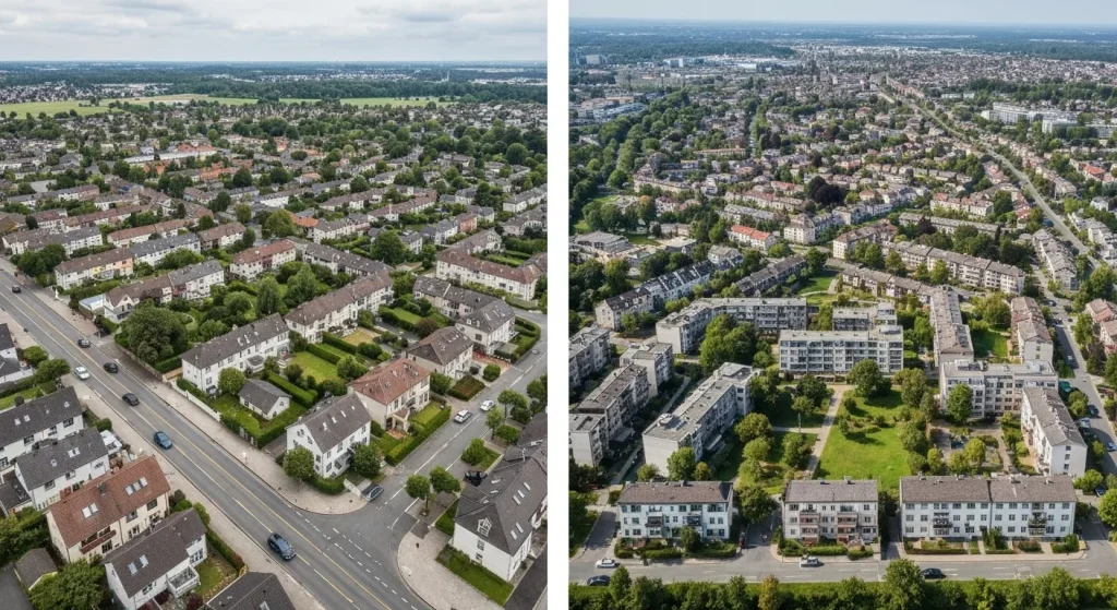 O comparație între o suburbie construită în jurul unui sistem de tramvai și o suburbie modernă construită pentru mașini, ilustrând densitatea diferită a construcțiilor și utilizarea terenului.