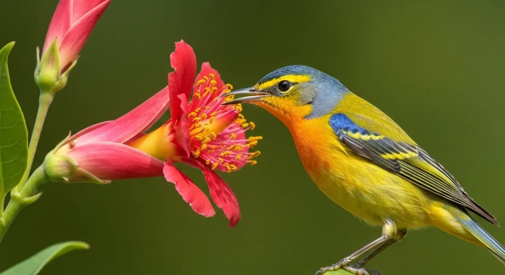 O pasăre Silvia de Cape May cu penaj viu colorat, sorbind nectar dintr-o floare mare și colorată.