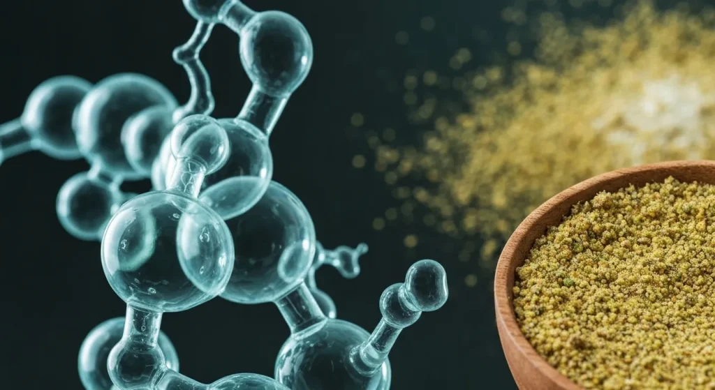 Molecule de biobutanol, ilustrată cu atomi de carbon și hidrogen, alături de o reprezentare schematică a procesului de fermentație a biomasei.