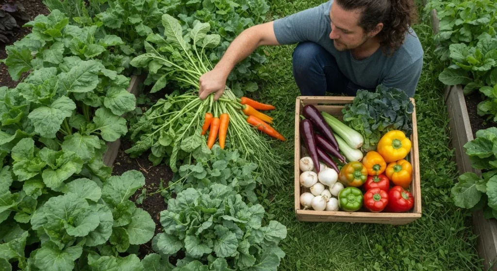 Un fermier culege legume proaspete dintr-o grădină abundentă.