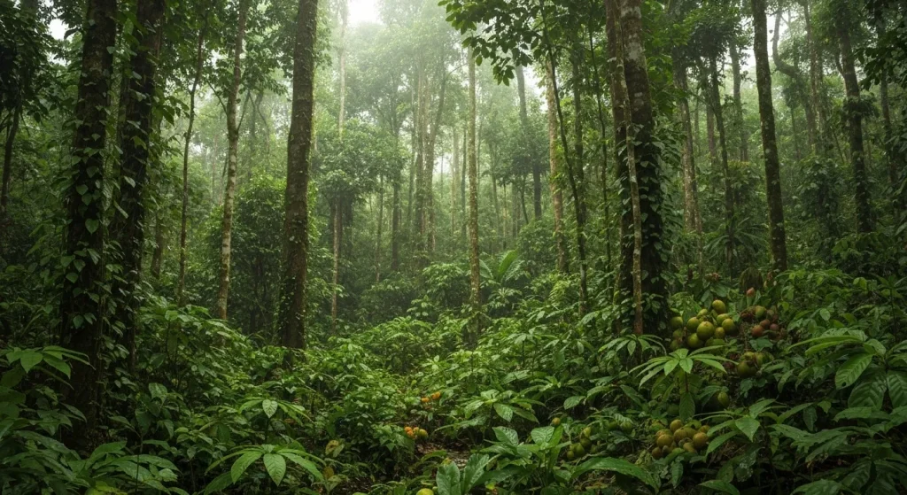 O imagine cu o pădure tropicală, arătând o varietate de plante și copaci cu fructe comestibile.