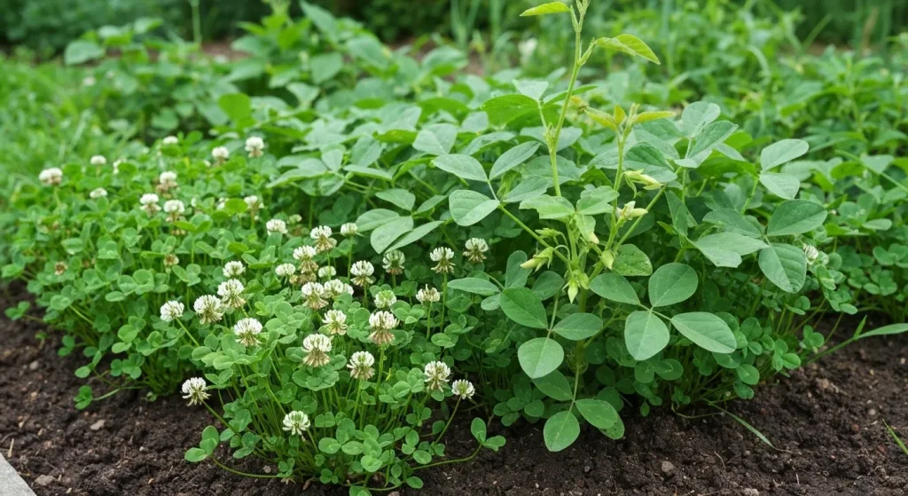 O grădină cu plante leguminoase, cum ar fi trifoi și mazăre, folosite ca culturi de acoperire, crescând printre alte plante.