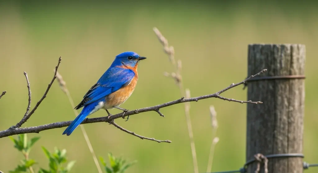 O mierlă albastră, cu penajul albastru irizat, așezată pe o creangă într-un habitat deschis.