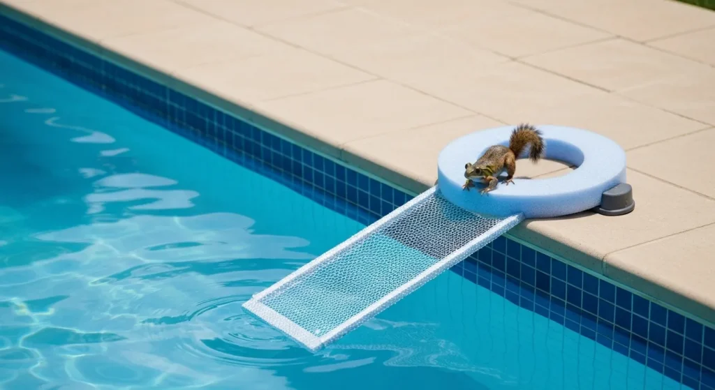 Dispozitiv plutitor din spumă și plasă, cu o rampă care permite animalelor să iasă dintr-o piscină.