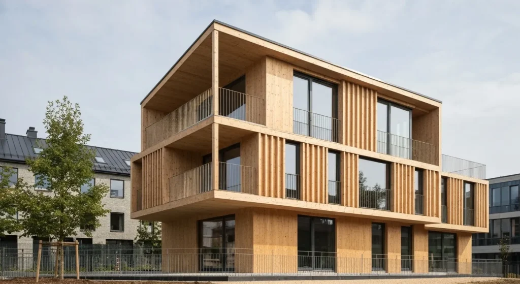 O imagine cu o clădire construită din materiale cu emisii inițiale reduse de carbon, exemplificând principii de construcție sustenabile.