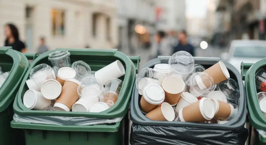 Coșuri de gunoi pline cu deșeuri de plastic, predominant pahare de cafea de unică folosință, într-un cadru urban aglomerat.