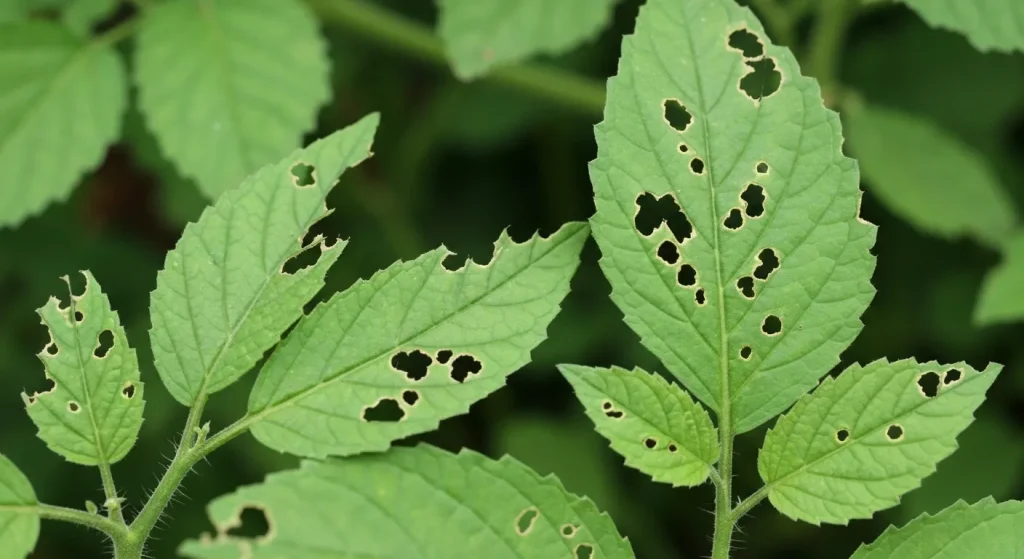 O grădină cu plante deteriorate, evidențiind daune caracteristice cauzate de căprioare, iepuri și insecte.