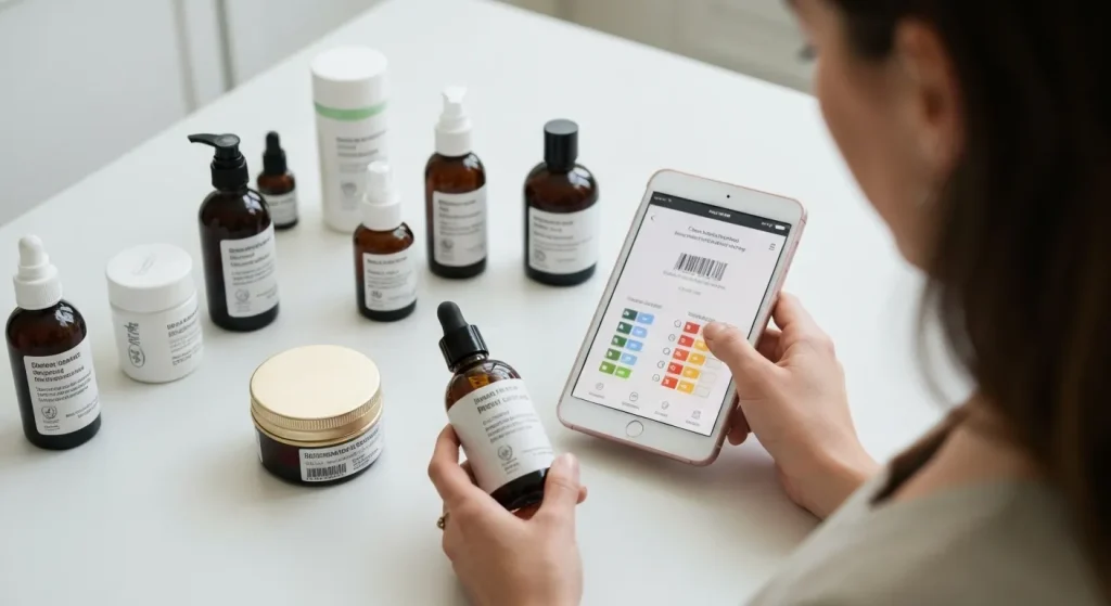 O mână ține o sticlă de produs cosmetic cu ambalaj din sticlă reciclată, lângă o tabletă care afișează o aplicație de verificare a ingredientelor.