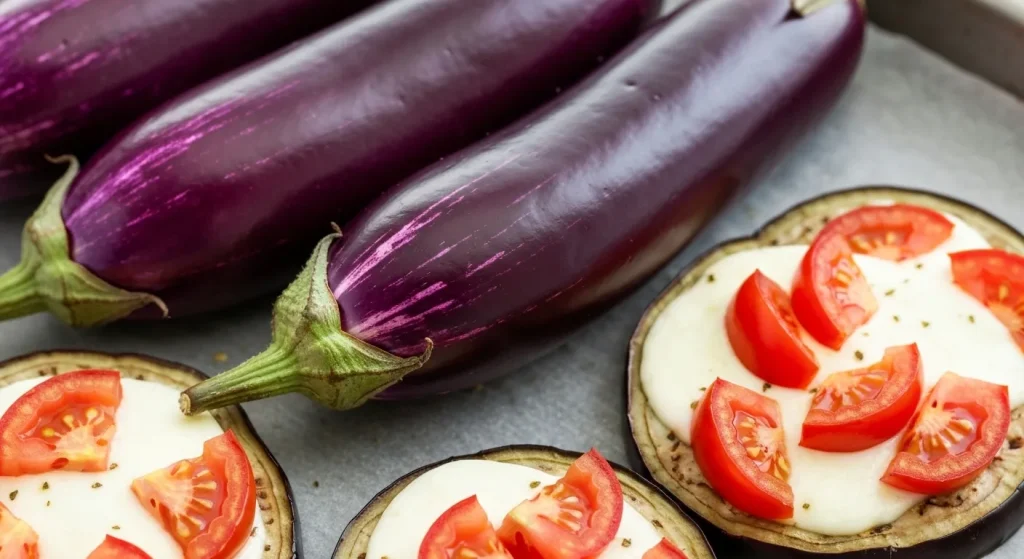 Vinete violete lucioase, fără pete, unele cu dungi, tăiate felii și acoperite cu brânză mozzarella topită și roșii proaspete.