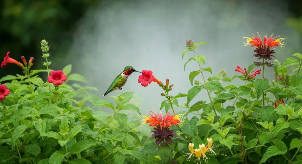 O grădină bogată în flori roșii și galbene, cu plante precum trompeta cățărătoare și monarda, atrage un colibri.