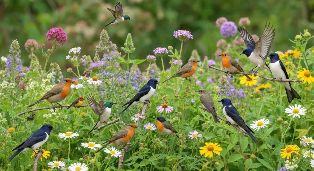 O grădină plină cu flori diverse și păsări care se hrănesc cu insecte.