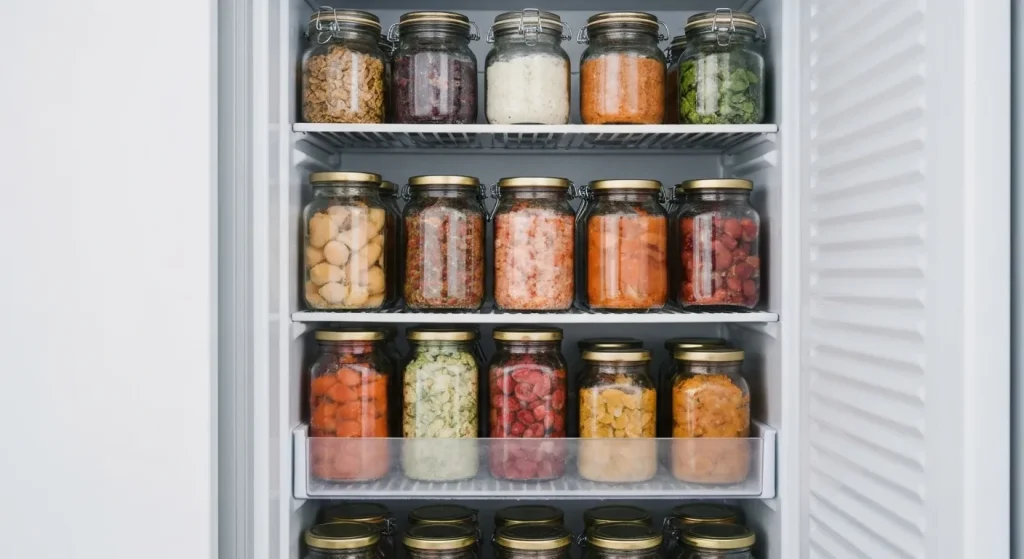 Congelator organizat cu diverse borcane de sticlă conținând alimente congelate.