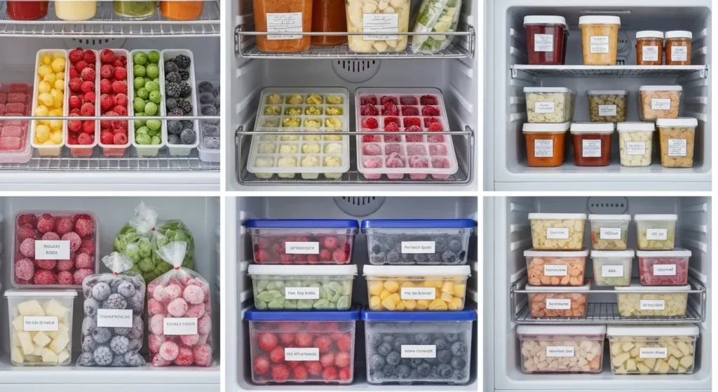Diverse alimente congelate în recipiente și tăvițe pentru cuburi de gheață, organizate eficient.