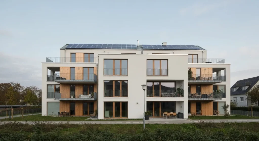 Clădire modernă de apartamente cu mai multe etaje, cu o arhitectură simplă și panouri solare pe acoperiș.